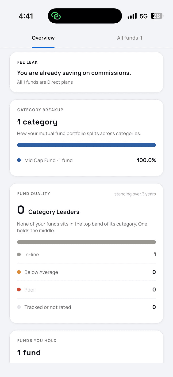 Genvest mutual fund overview showing a Direct-plan fee check, category allocation and fund-quality breakdown